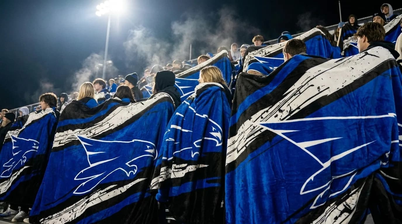 Student section wrapped in matching blue falcon blankets under the Friday night lights