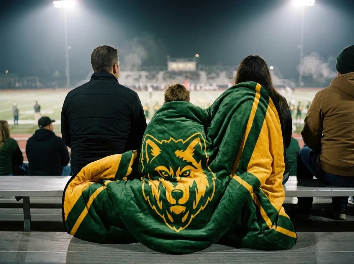Kid asleep against mom under a green and gold wolf blanket late in a night game