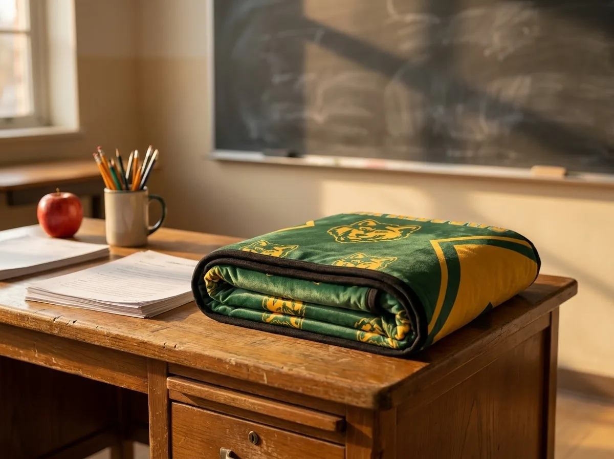 Folded green and gold school blanket waiting on a teacher's desk in front of the chalkboard
