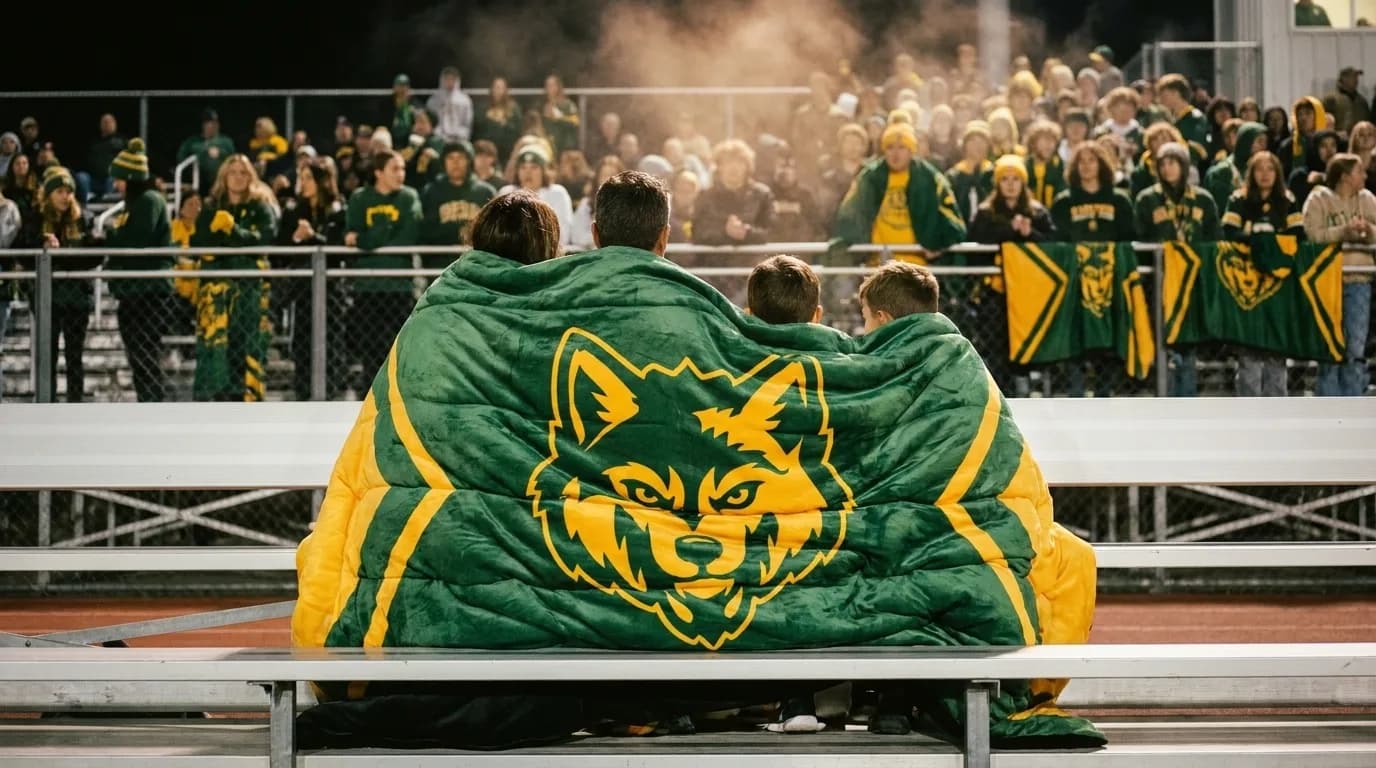 Three students sharing one oversized green and gold wolf mascot blanket in the stands